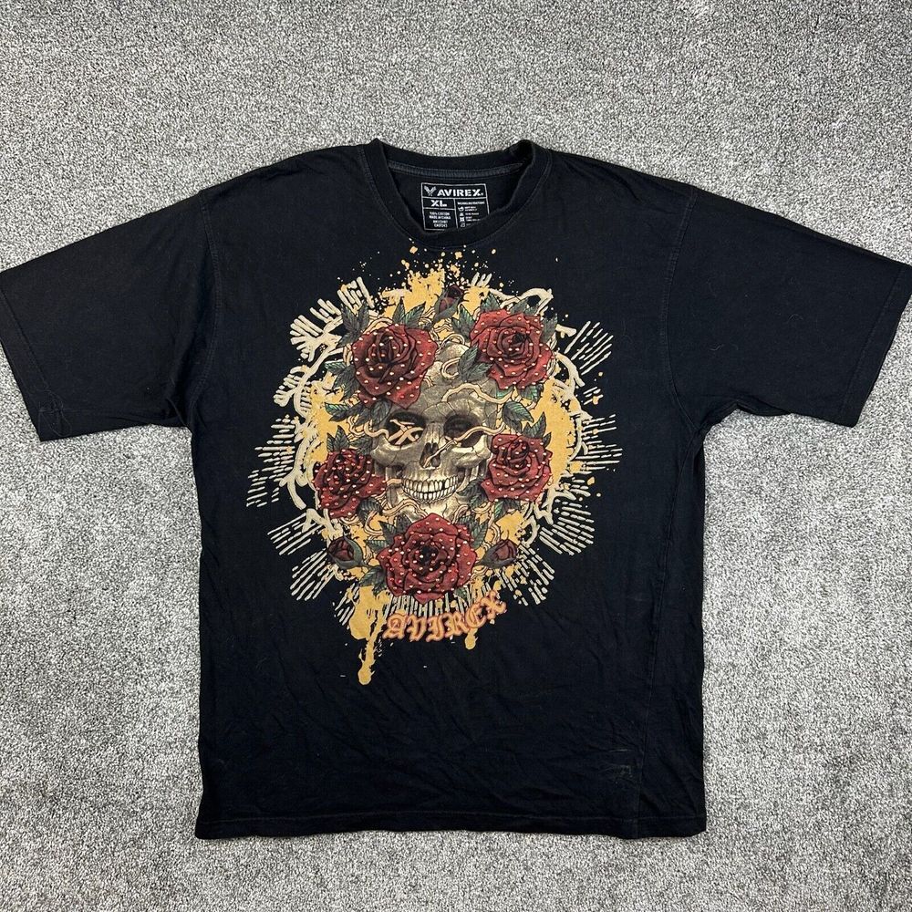 Vintage Y2K Avirex‎ Skull Shirt Adult XL Black Skeleton Roses Cyber Grunge
